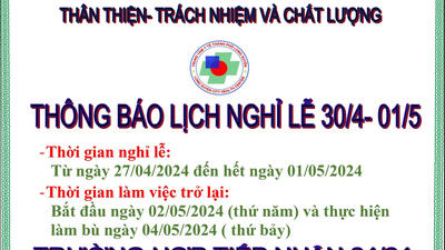 Thông báo lịch nghỉ lễ 30/4 - 01/5 năm 2024